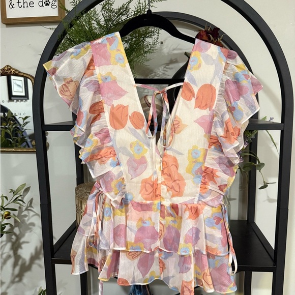 Ted Baker Flutter Sleeve Peplum Blouse in Orange and Pink size 0 - Picture 6 of 8